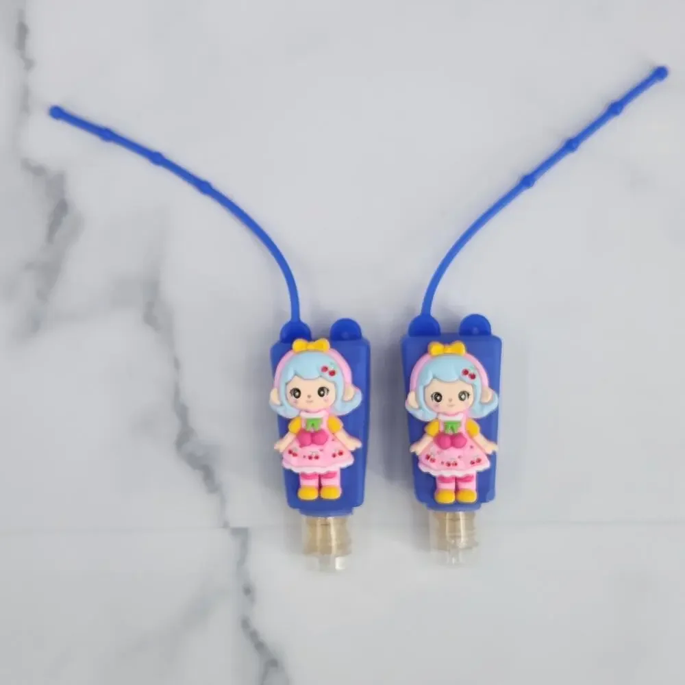 2 EMPTY Kids Refillable Containers Blue & Pink Doll Character Holder with Strap